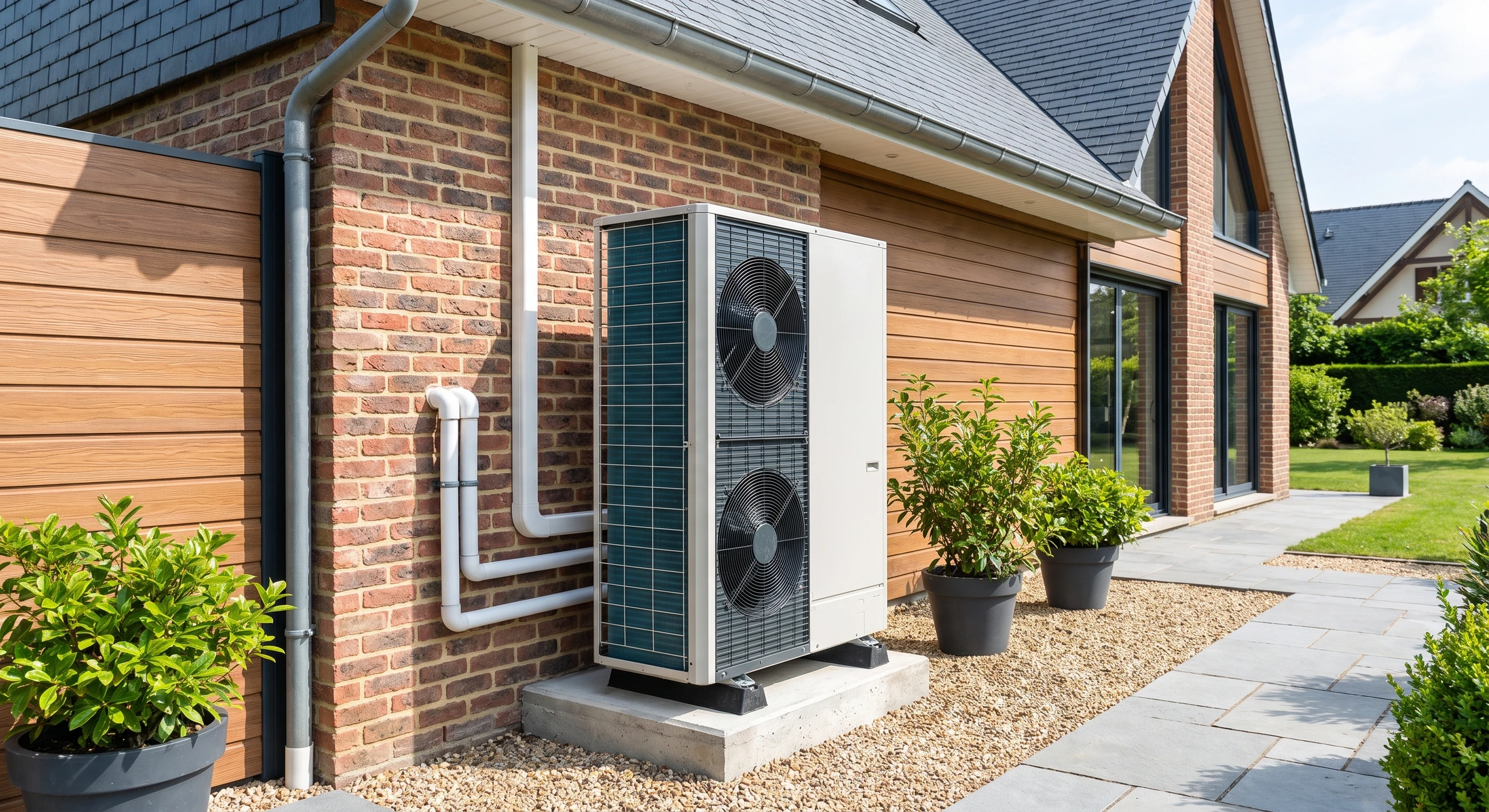 Photographie d'une unité extérieure de pompe à chaleur aérothermique installée sur une façade résidentiale. L'équipement moderne est clairement visible, montrant les caractéristiques distinctives d'une PAC (ventilateur, échangeur). La maison en arrière-plan est contemporaine et bien entretenue. La mise en place est professionnelle, montrant un raccordement soigné. Éclairage naturel de jour. Image nette et de qualité professionnelle mettant en avant l'équipement comme solution de chauffage durable.